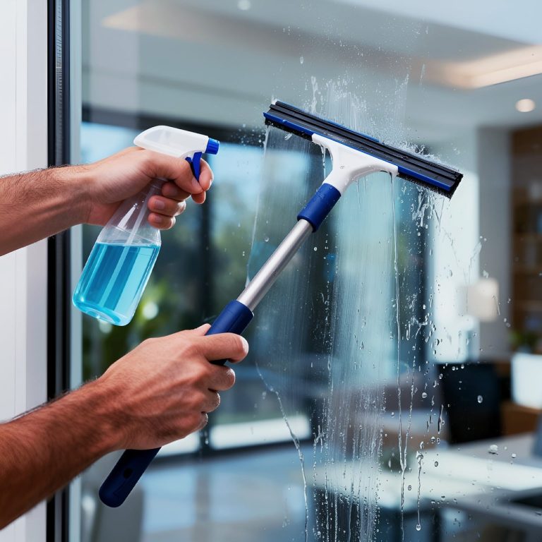 Close-up of a frameless shower glass panel showing hard water etching damage