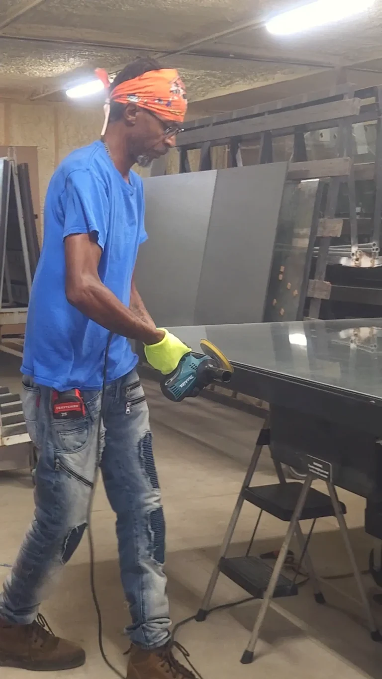 Custom glass table top with polished exposed edges.